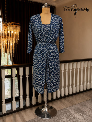 11008- Navy Satin Nightwear Set with Long Robe and Cowl Neck Slip Dress for Women