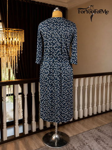11008- Navy Satin Nightwear Set with Long Robe and Cowl Neck Slip Dress for Women