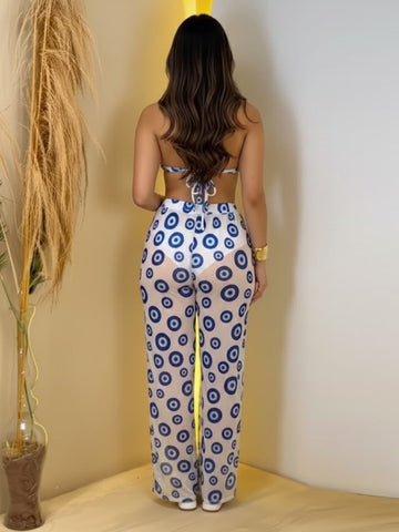 11044-Women Floral Printed Satin Co-Ord Set with Halter Neck Crop Top & Straight Fit Pants