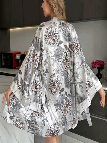 11021 - Satin Striped Cami Top & Shorts with Floral Printed Short Robe Nightwear Set