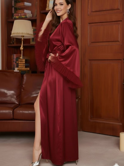 11035 - Women Luxe Satin Dressing Gown with Feather Sleeves