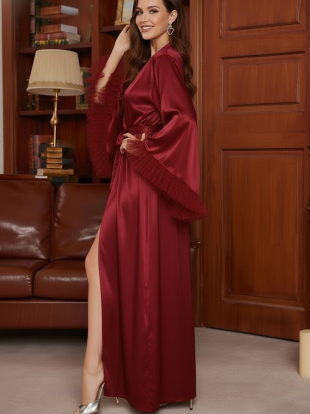11035 - Women Luxe Coffee Satin Dressing Gown with Feather Sleeves