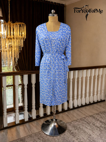 11008- Navy Satin Nightwear Set with Long Robe and Cowl Neck Slip Dress for Women