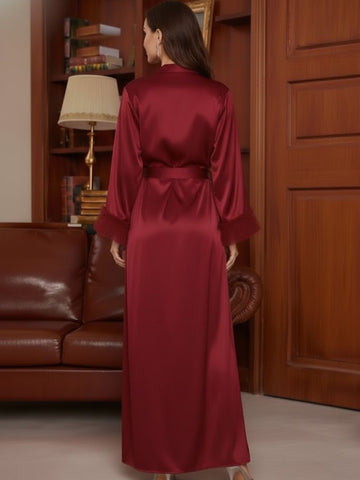 11035 - Women Luxe Maroon Satin Dressing Gown with Feather Sleeves