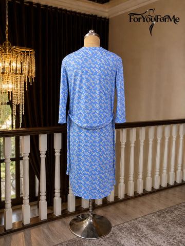 11008- Navy Satin Nightwear Set with Long Robe and Cowl Neck Slip Dress for Women