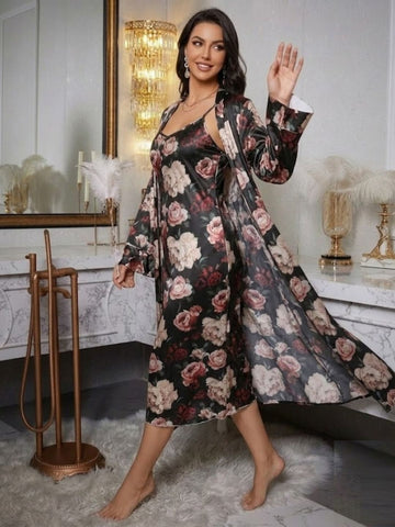11051-Womens Black Floral Printed Nightdress with Robe