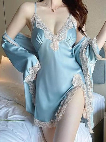 204 - Women Sky Blue Satin Chemise with Lace Trim & Shrug