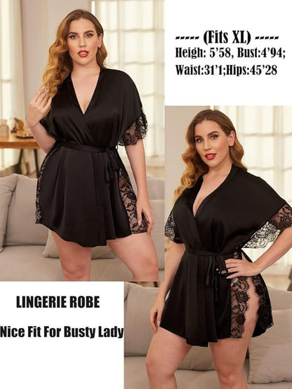 201 Black-Women's Satin Short Robe with Lace Trim