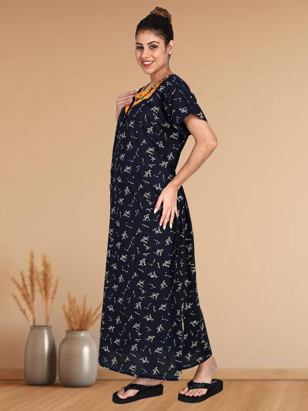 1903-Women's Pure Cotton Blended Printed Maxi Dress for Daily & Night Wear Floral Nighty