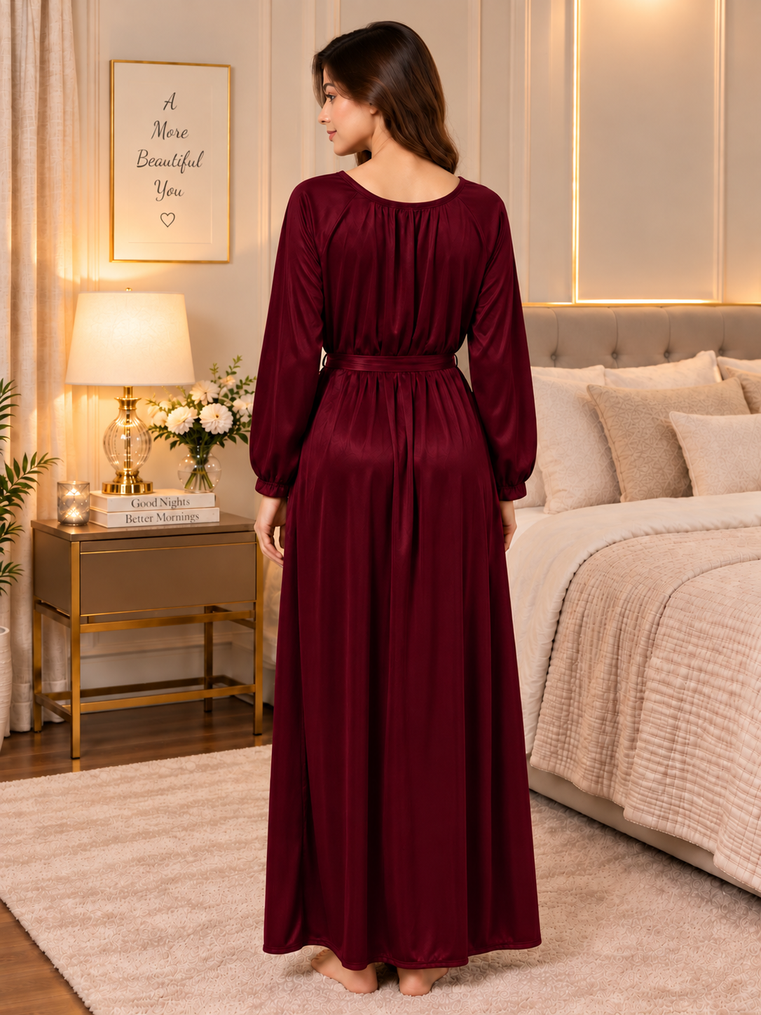 11065-Women Solid Satin Full-Length Night Dress.