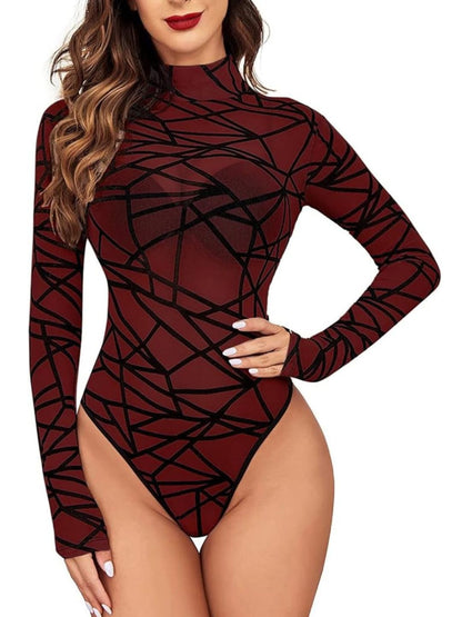 120 Maroon-Geometric Mesh Long Sleeve Bodysuit