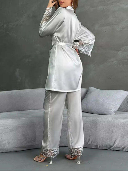 11002-Grey Satin Nightwear Set with Lace Trim | Luxury Sleepwear For Women