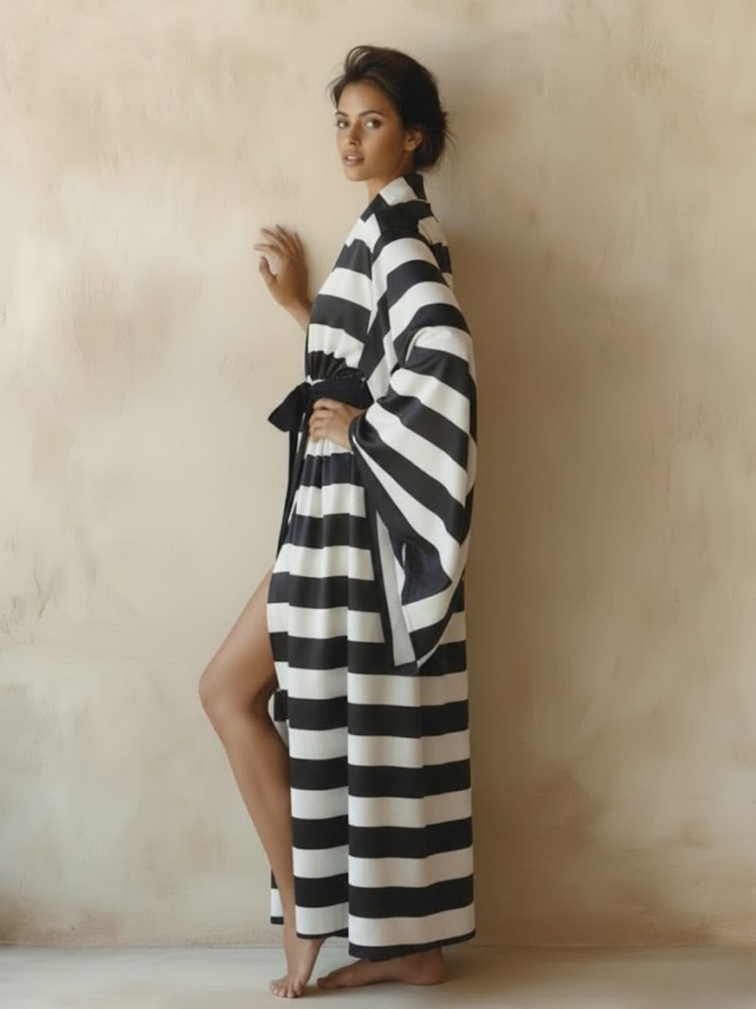 11027 - Women Black & White Striped Satin Wrap Style Loungewear Robe