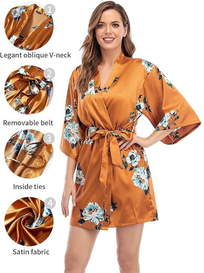93 Orange-Women's Satin Floral Nightdress and Robe Set