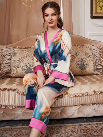 11010-PINK Premium Women’s Satin Night Suit – Designer Printed Robe & Pyjama Set