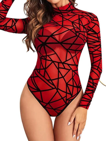 120 Red-Geometric Mesh Long Sleeve Bodysuit