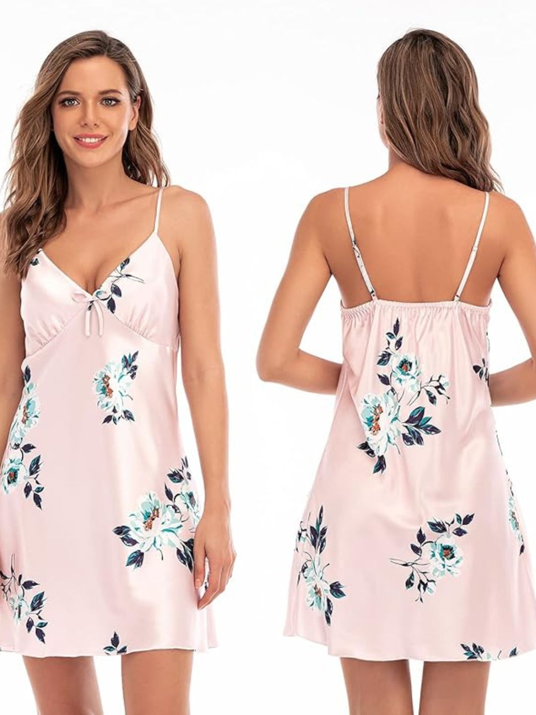 93 Pink-Women's Satin Floral Nightdress and Robe Set
