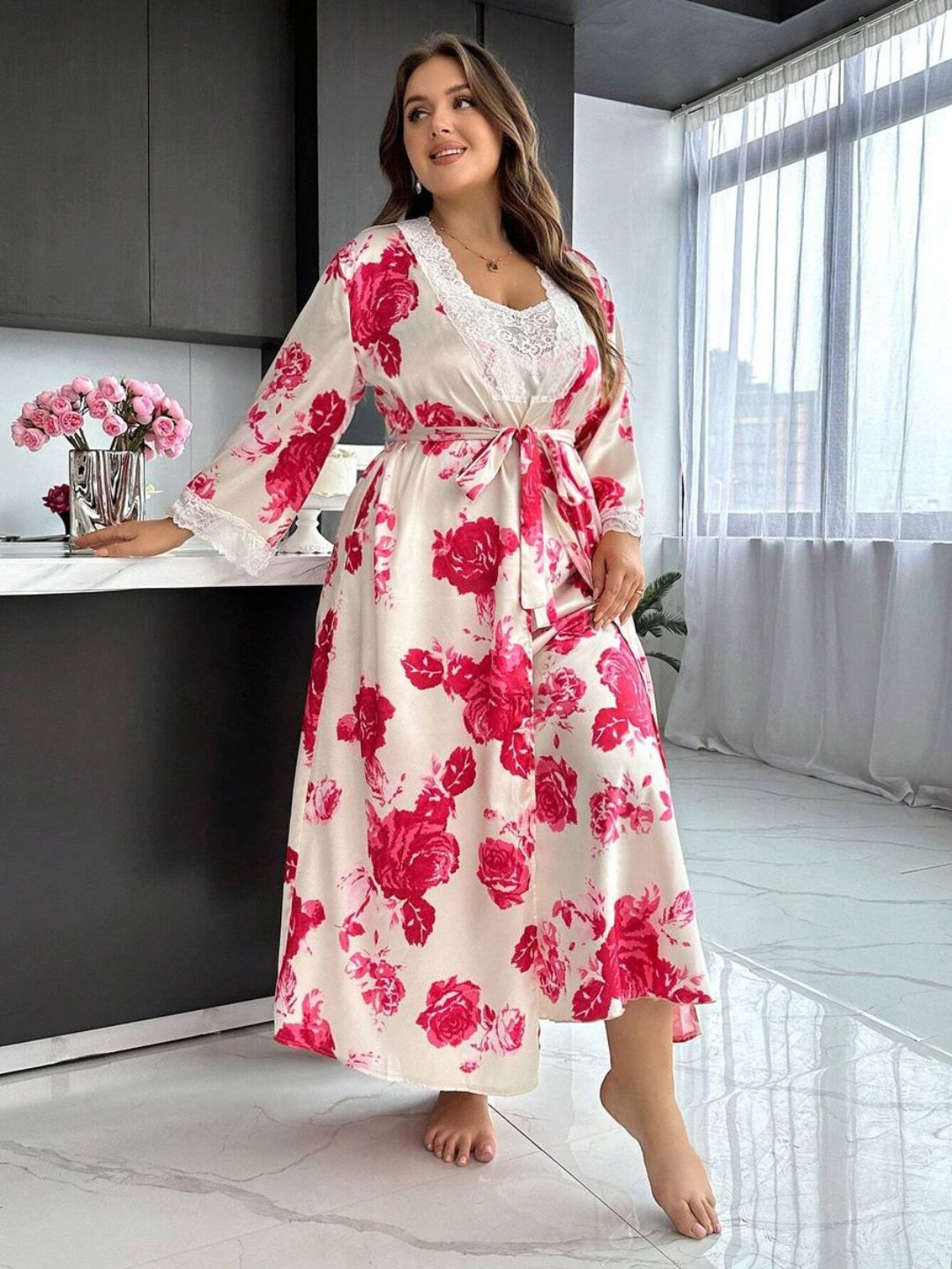11031-Women Blush Pink Floral Satin Nightwear Set with Lace Trim Robe