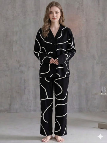 11034-Women Abstract Printed Shirt Collar Night Suit Set