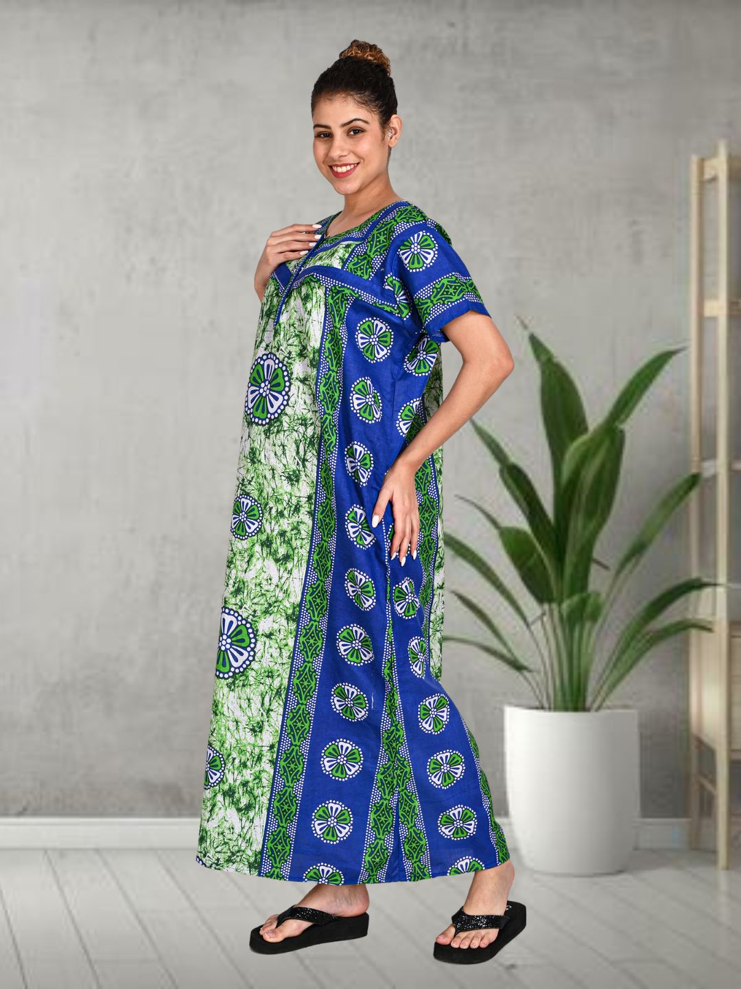 1501-Women's Pure Cotton Blended Printed Maxi Dress for Daily & Night Wear Floral Nighty