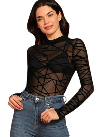 120 Black-Geometric Mesh Long Sleeve Bodysuit