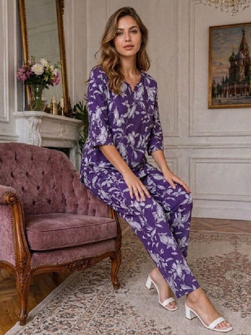 11055-Women White Floral Printed Night Suit Set