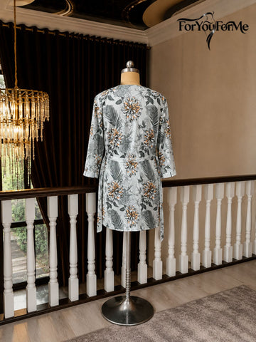 11022 - Women Grey Satin Slip Nightdress with Floral Print Robe