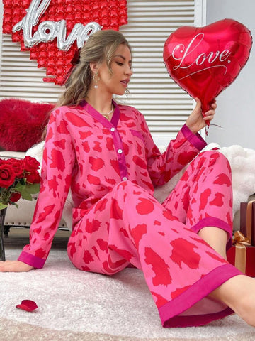 11026 - Women Pink & Red Animal Print Button-Down Night Suit