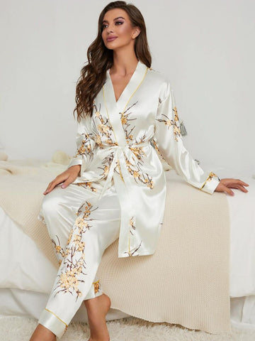 11009-YELLOW Women’s Satin Floral Pajama Set with Matching Robe – Luxury Sleepwear Loungewear Set