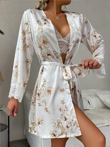 11032-Women Floral Satin Robe with Lace Bralette & Shorts Nightwear Set