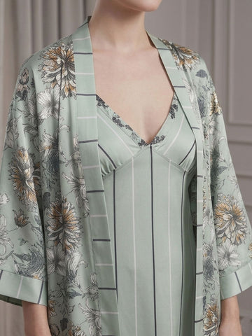 11023 - Women Grey Stripes Satin Nightdress with Floral Printed Long Robe