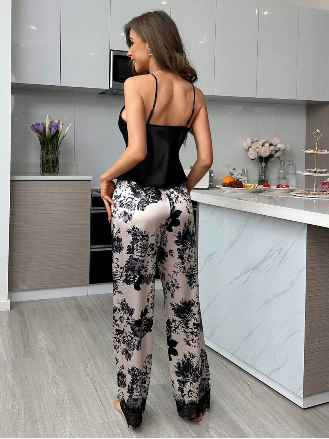 11025- Women Black Satin Lace Detail Camisole & Floral Print Lounge Pyjama Set