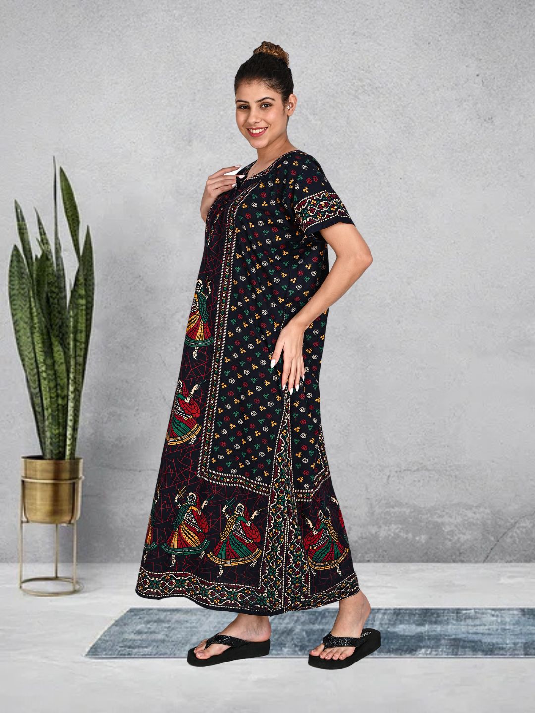 1451-Women's Pure Cotton Blended Printed Maxi Dress for Daily & Night Wear Floral Nighty