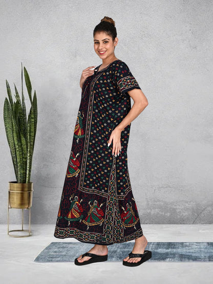 1451-Women's Pure Cotton Blended Printed Maxi Dress for Daily & Night Wear Floral Nighty