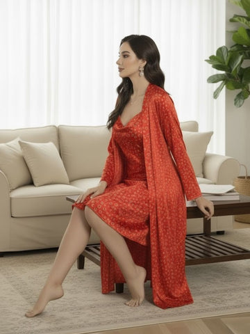 11008-RED Floral Satin Nightwear Set with Long Robe and Cowl Neck Slip Dress for Women