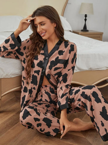 11026 - Women Brown & Black Animal Print Button-Down Night Suit