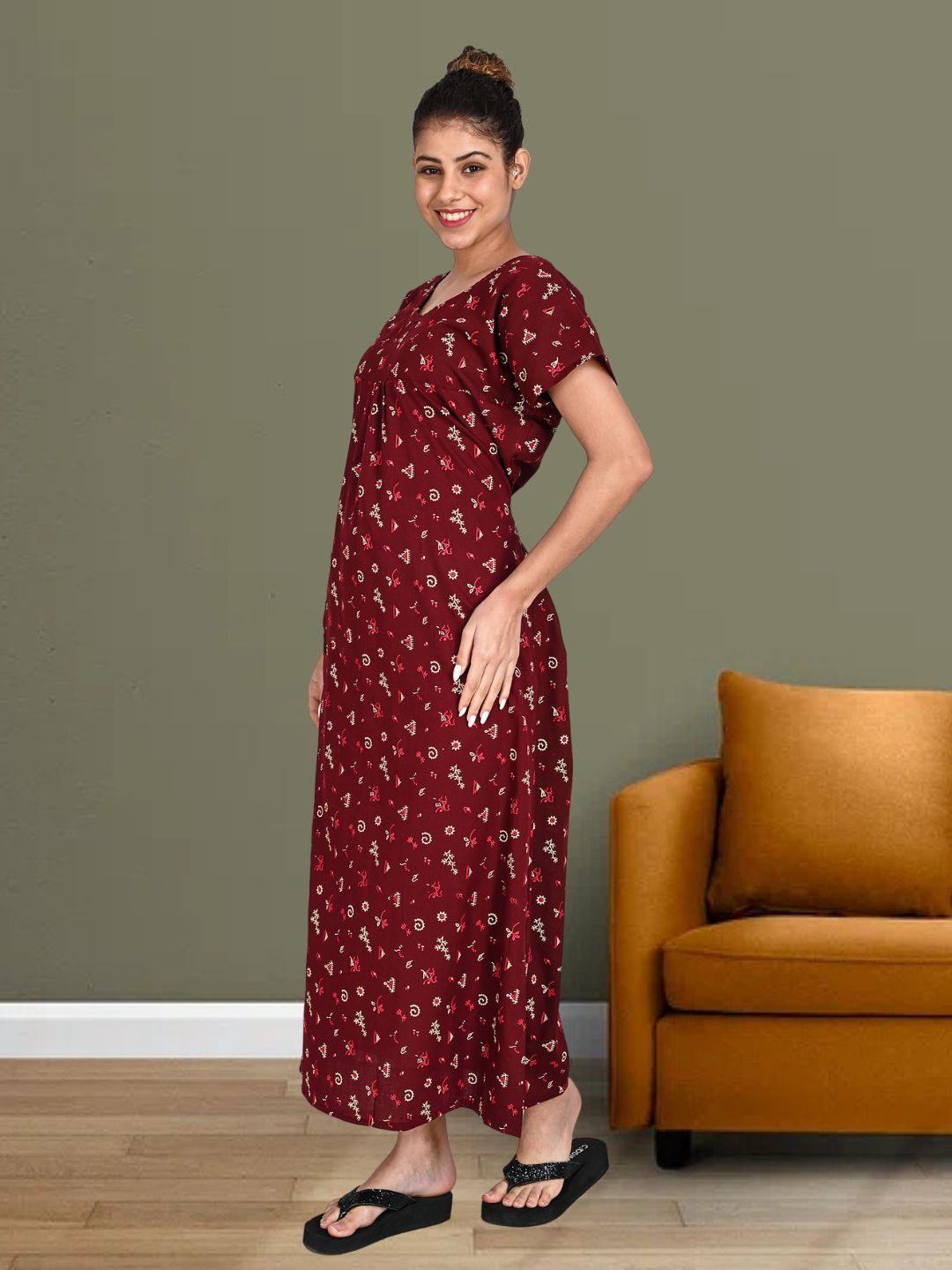 1650-Women's Pure Cotton Blended Printed Maxi Dress for Daily & Night Wear Floral Nighty