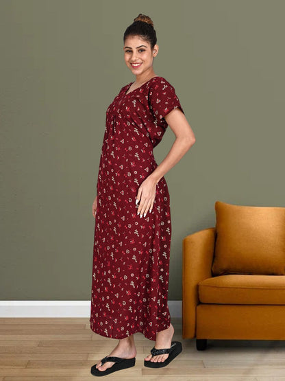 1650-Women's Pure Cotton Blended Printed Maxi Dress for Daily & Night Wear Floral Nighty