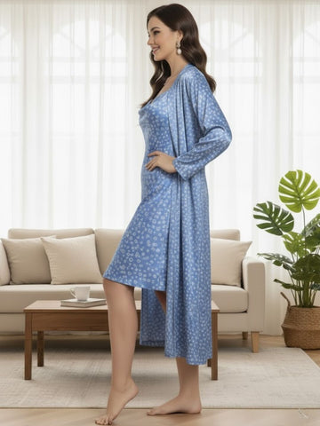 11008-Sky Floral Satin Nightwear Set with Long Robe and Cowl Neck Slip Dress for Women