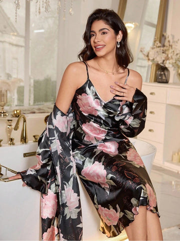 11017-BLACK-Women’s Floral Satin Nightdress with Matching Robe – Soft Luxury Nightwear Set