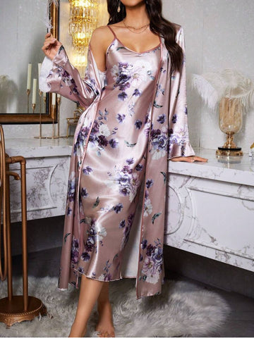 11001-Pink Floral Satin Nightdress with Robe