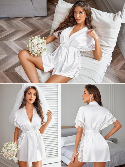 201 White-Women's Satin Short Robe with Lace Trim