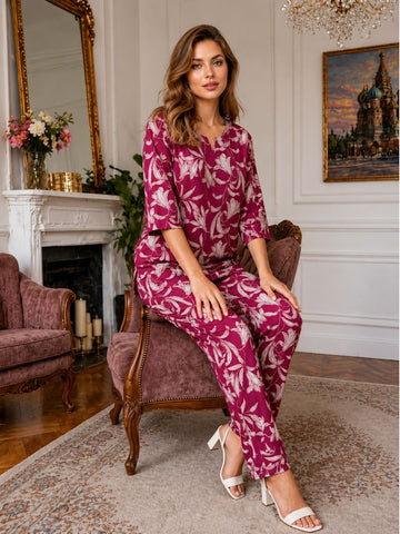 11055-Women White Floral Printed Night Suit Set