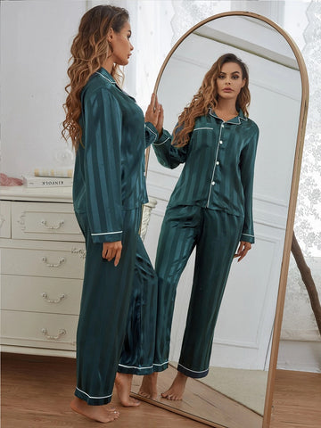 11013-Women Green Satin Finish Shirt & Pyjama Night Suit Set