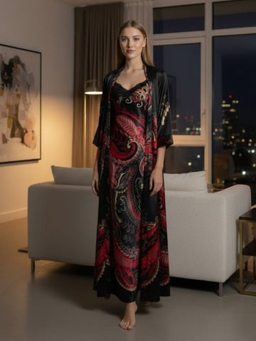 980 - Women Black & Red Paisley Printed Satin Nightdress with Long Robe