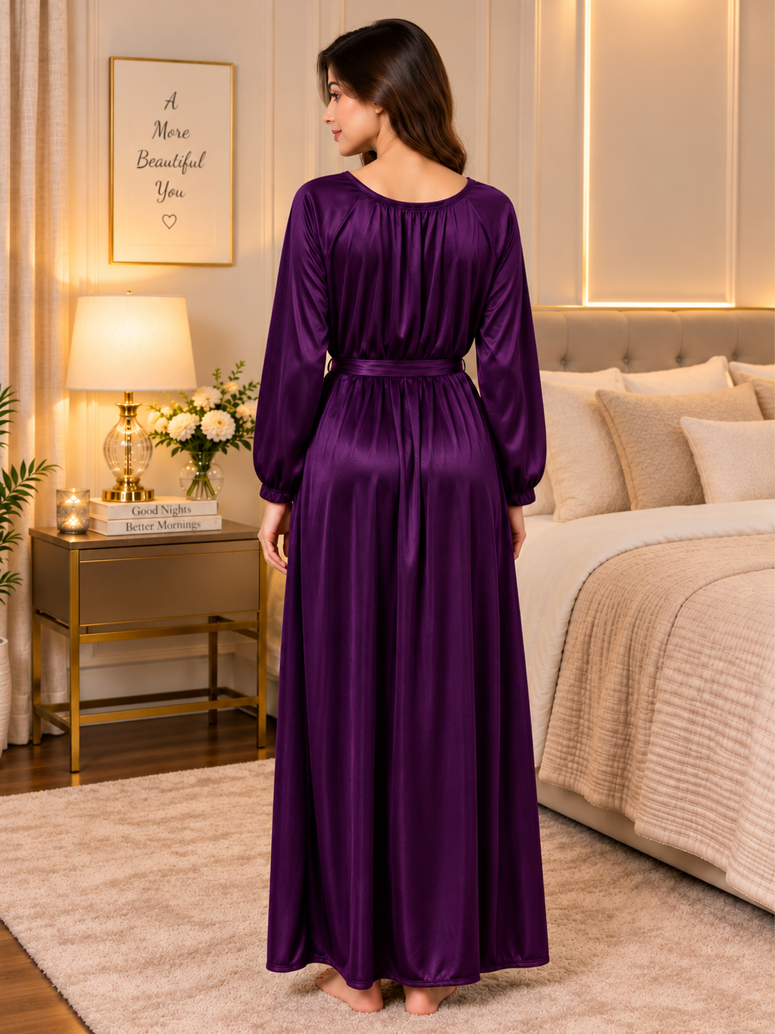 11065-Women Solid Satin Full-Length Night Dress.