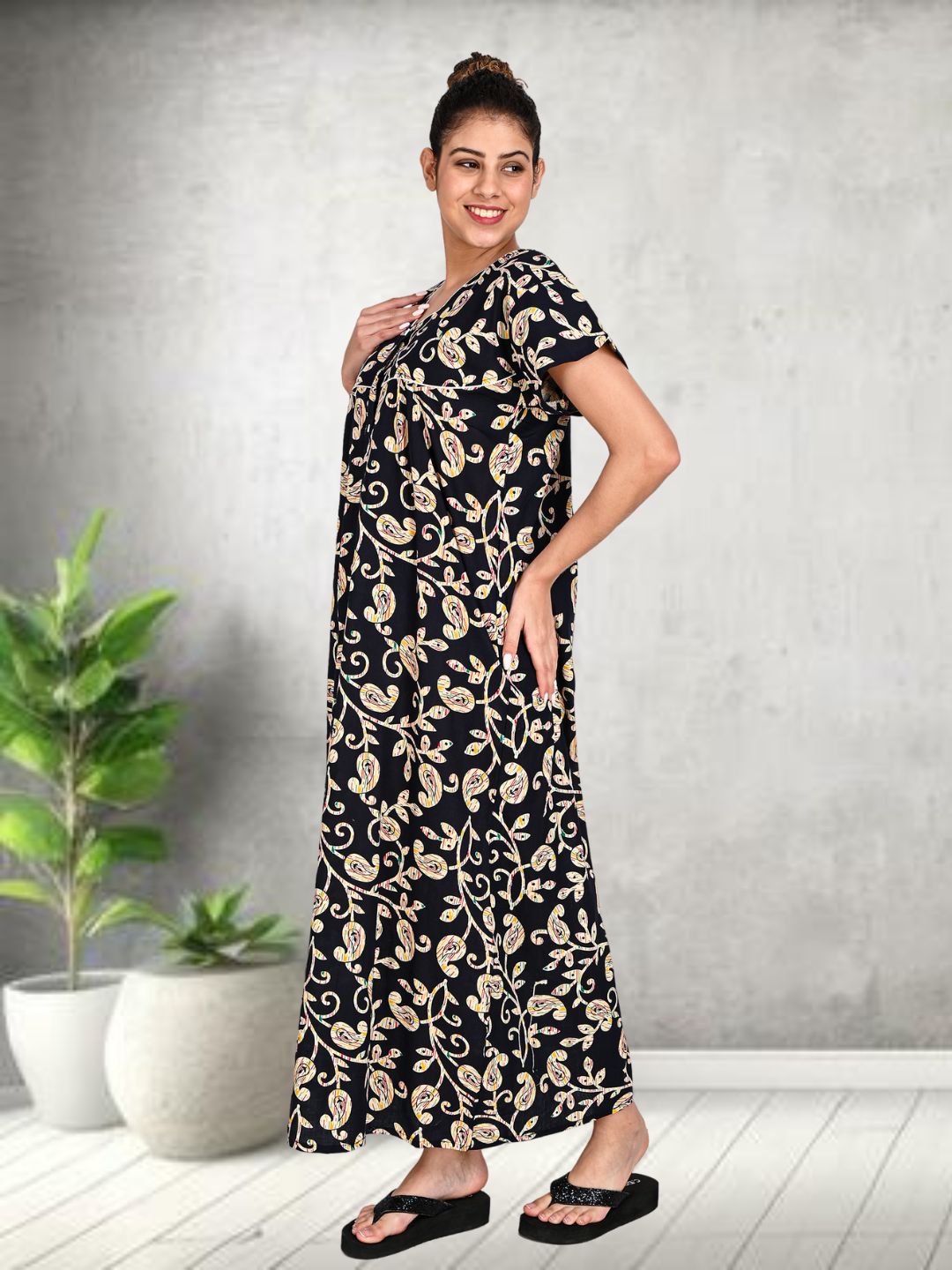 1950-Women's Pure Cotton Blended Printed Maxi Dress for Daily & Night Wear Floral Nighty