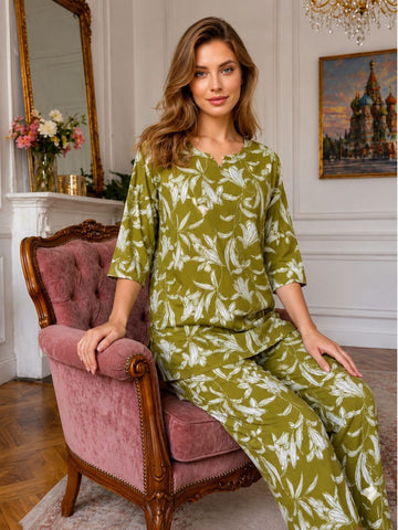 11055-Women White Floral Printed Night Suit Set