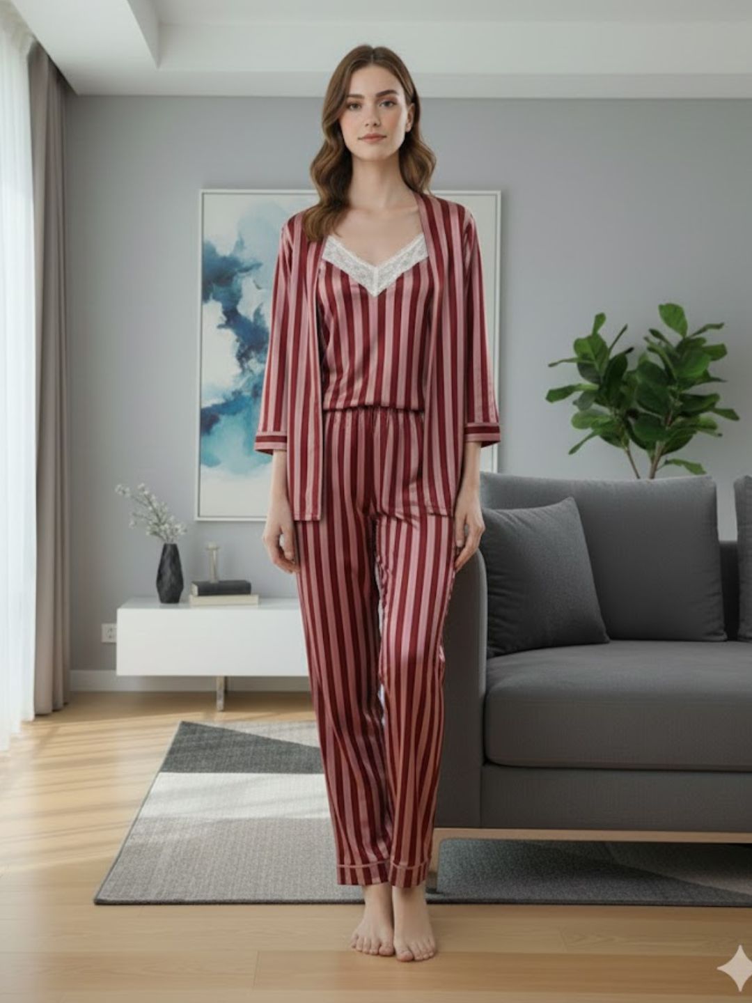11011-BLACK Women’s Satin 3 Piece Nightwear Set – Striped Camisole, Robe & Pyjama