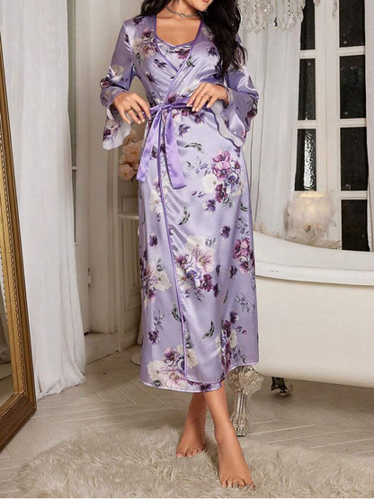 11001-Green Floral Satin Nightdress with Robe